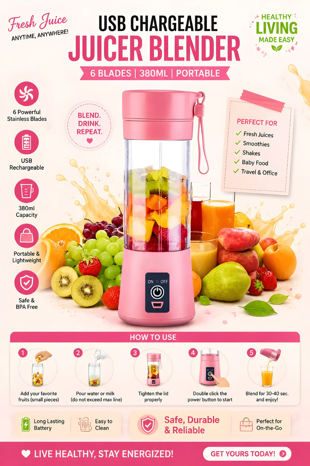 Portable USB Rechargeable Mini Blender – Fresh & Healthy Anytime, Anywhere!